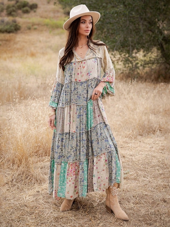 Young Threads Dresses & Skirts - Bohemian Sage Patchwork Tiered Maxi Dress